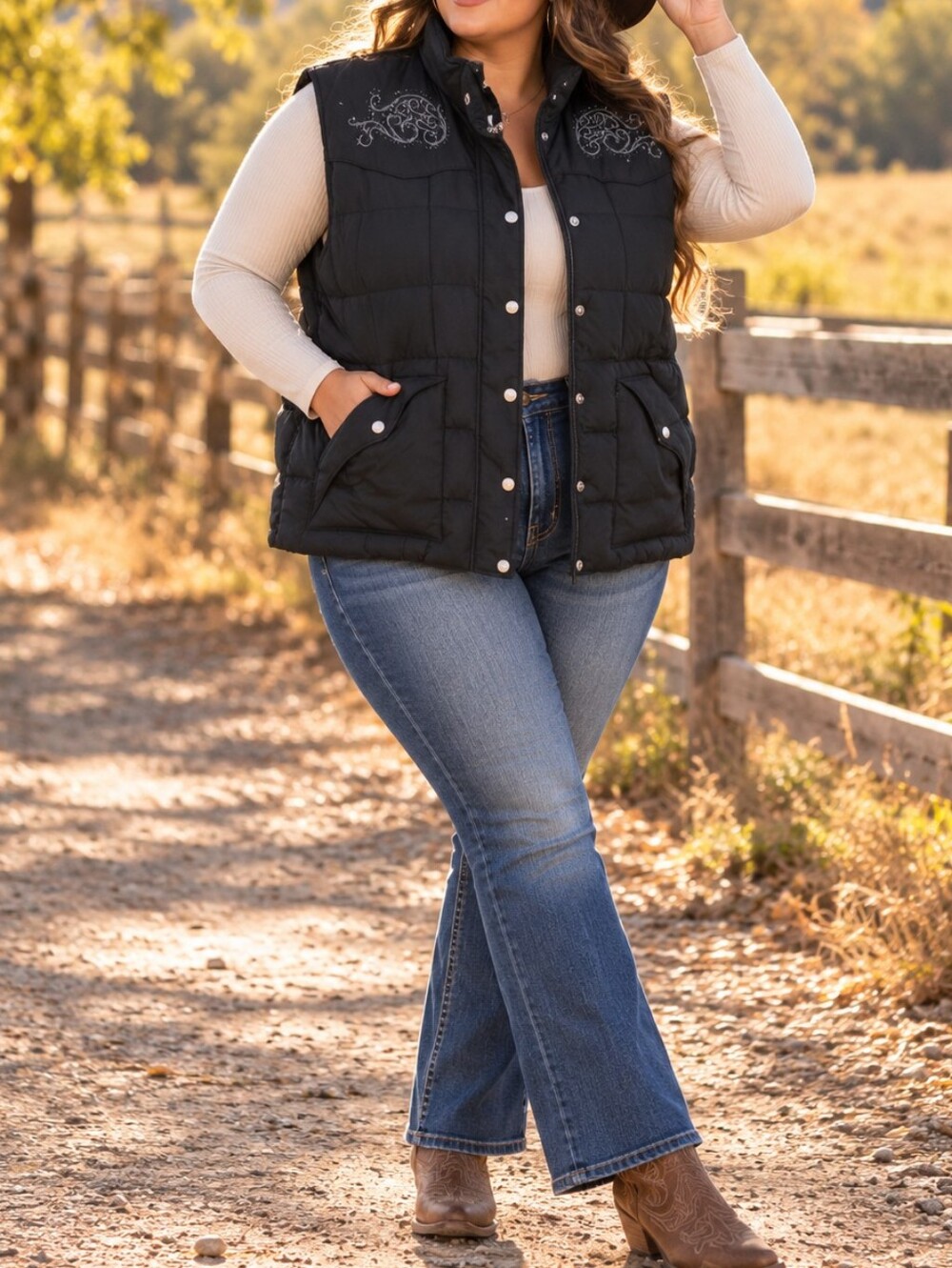Cowgirl Hardware Black Quilted Puffer Vest Western Embroidered Snap Front
